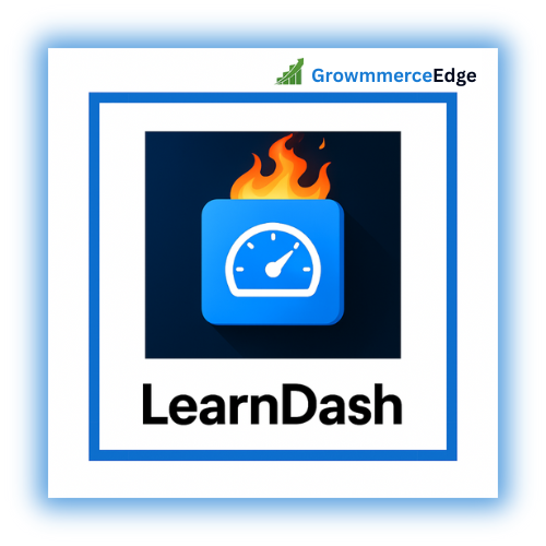 LearnDash logo with a flame icon and Growmerce Edge branding on a blue border.